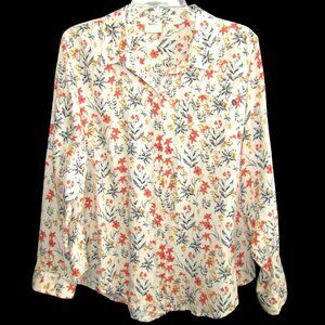 Spartina 449 Cream Floral Linen Blend Button Up Top Blouse Size XL Long Sleeve